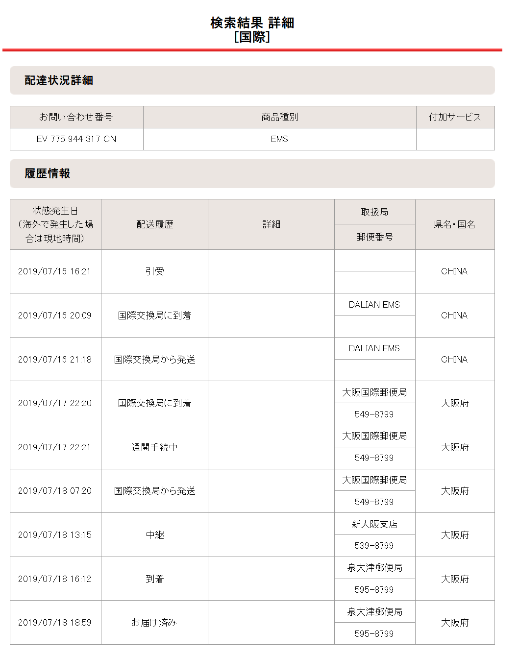 2019年07月16日の配達状況詳細